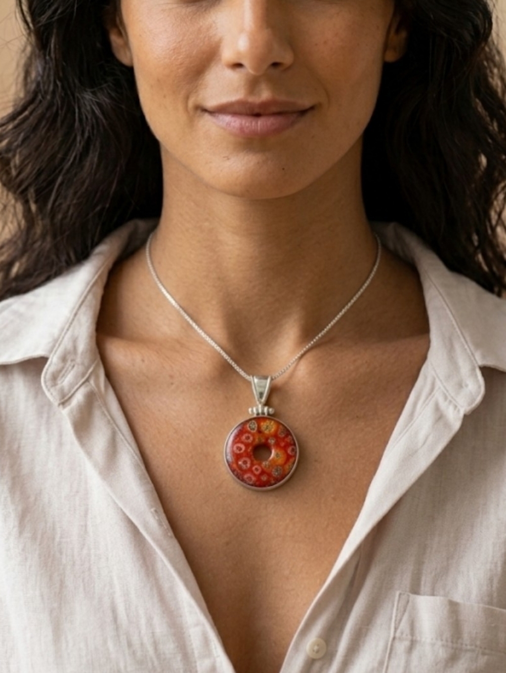 Murano Millefiori Glass Donut Pendant Necklace - Sterling Silver 925 Italy